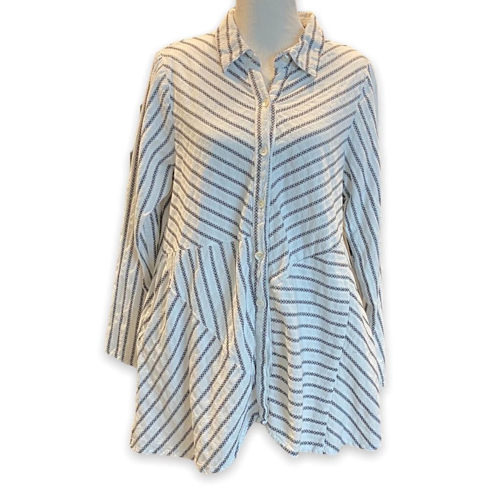 Tulip Embroidered Bohemian Minimalist Striped Tunic Flare Mini Shirt Dress